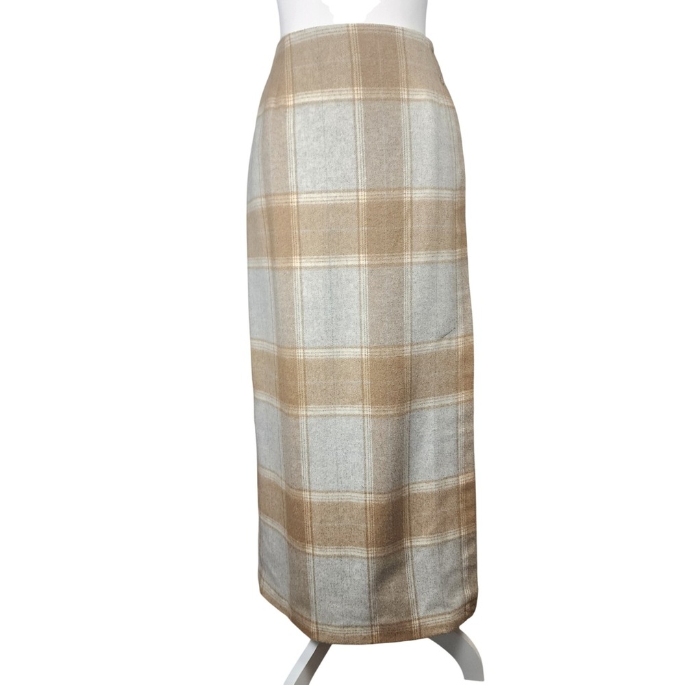Vintage Pursuits Ltd Italian Wool Blend Plaid Maxi Skirt Tan Blue Womens 14 Work